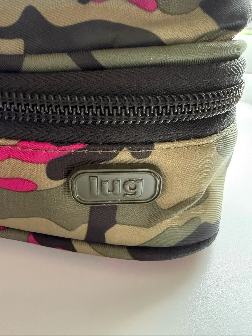 Lug brand olive/pink/black Camo Cosmetic Case with lots of storage sections